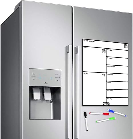 Magnetic Whiteboard for Metallic Fridge: Multi-Functional Weekly Planner, Meal Planner, and Calendar, 42x30cm with Colourful Erasable Pens
