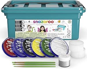 Snazaroo Face Paint Mini Starter Kit for Kids and Adults, 14 Pieces, 6 Colours, 1 Glitter Gel, Brushes, Sponges, Guide, Water Based, Easily Washable, Non-Toxic, Makeup, Body Painting