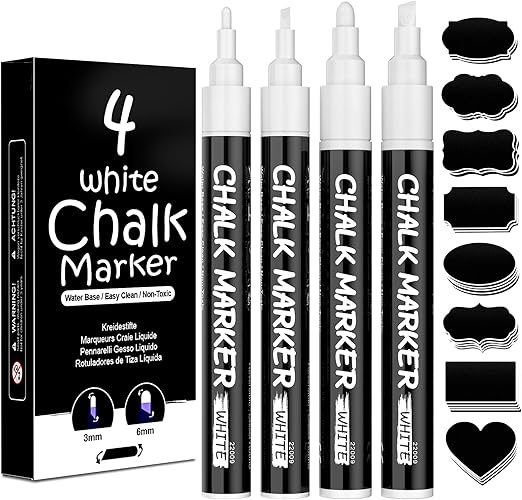 White Chalk Pens, Washable Liquid Chalk Pens for Blackboards, Window, Glass, Chalkboard, Jars, 4 Pack Chalk Markers (3mm & 6mm Reversible Tip) with 45 Labels, Wipeable Blackboard Pens