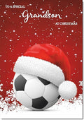 doodlecards Grandson Christmas Card Santa Hat Football with Red Sky Medium Size with Plain Red Envelope, 21 x 15cm