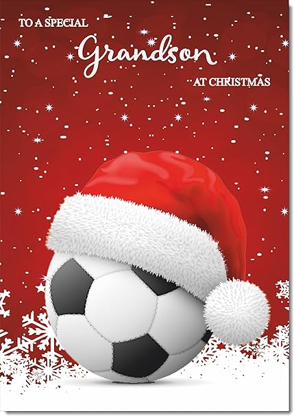 doodlecards Grandson Christmas Card Santa Hat Football with Red Sky Medium Size with Plain Red Envelope, 21 x 15cm