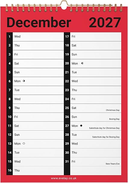 2027 Calendar A4 Large 2 Column - Month to View Spiral Bound Wall Planner Organiser - Easy View Monthly Wall Calendar with Space for Notes