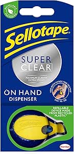 Sellotape Oh-Hand Dispenser with Super Clear Tape, Practical Sticky Adhesive Tape for Maximum Clarity, Tape Dispenser with Strong Tape for gift wrapping - Includes Single Roll (18mm x 15m)