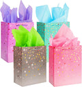 4 Gift Bags (9x7x4 inch) With Tissue Paper and Handle for Mother's Day, Birthday, Wedding, Baby Shower - Present Set for Women, Men, Kids, Parties