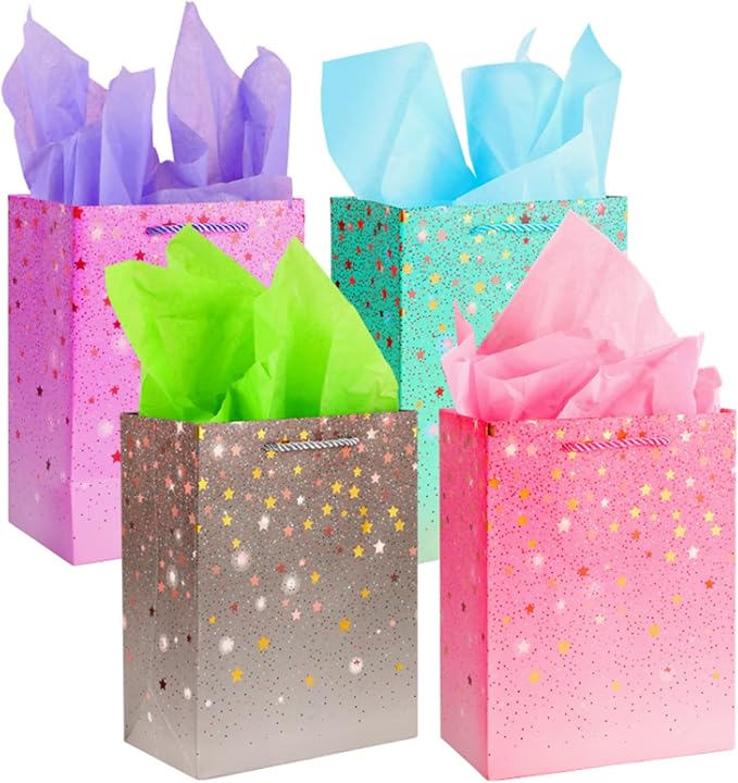 4 Gift Bags (9x7x4 inch) With Tissue Paper and Handle for Mother's Day, Birthday, Wedding, Baby Shower - Present Set for Women, Men, Kids, Parties