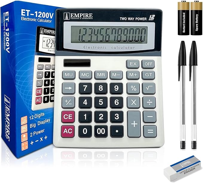 Empire Desk Calculator with Large Key Buttons, 12 Digits, Large Eye-Angled Display, Solar and Battery Powered for Home and Office (Included 2 Battery, 2 Pen and 1 Rubber)