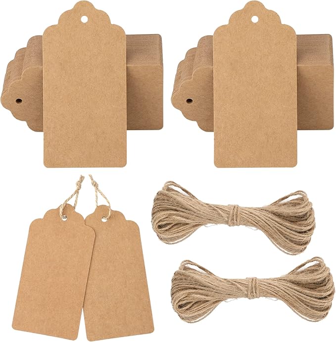 G2PLUS Kraft Paper Gift Tags - 100PCS Large Plain Gift Tags - 5x10CM Brown Blank Labels with String for Presents, 300g/m²
