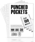 A4 Plastic Pockets with Reinforced Spine, 30 Micron Suitable for Ring Binders Pack of 100