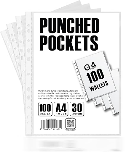 A4 Plastic Pockets with Reinforced Spine, 30 Micron Suitable for Ring Binders Pack of 100