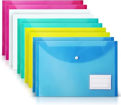 DocFeedz Plastic Wallets A4 - Pack of 10 Waterproof Plastic Folders for Documents 33.2 x 23.4 cm - 5 Assorted Colours Popper Wallet A4 with Snap Button and Label for Home, Office, School and Travel