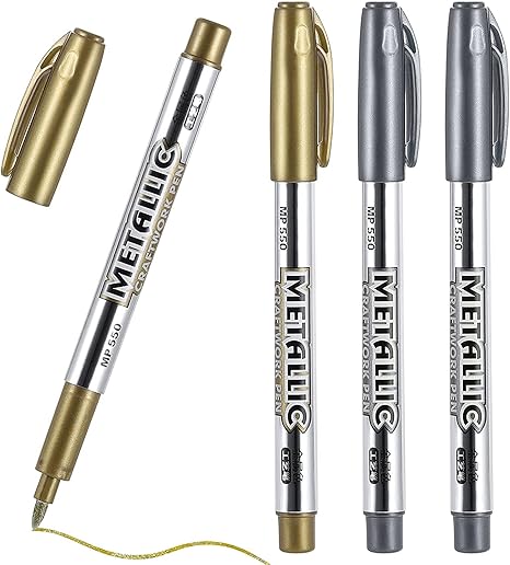 4 Pack Gold Pen And Silver Pen, Metallic Pens Silver And Gold Writing Pens for Art Projects, Drawing, Rock Painting, Card Making DIY Crafts, Permanent Art Marker Pens -2 Golds & 2 Silvers