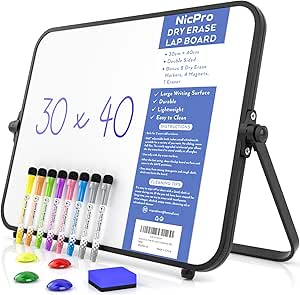 Nicpro Dry Erase Small Whiteboard A3 with Non-Slip Stand, 30 x 40 cm Double Sided Magnetic Desktop White Board with 8 Pens, Eraser, Magnet, Portable Writing Easel for Kid Drawing Student Classroom Use Visit the Nicpro Store