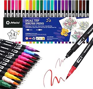Artecho 24 Dual Tip Brush Pens，Colouring Pens brush pens for Adult，Colouring Books，Calligraphy，Drawing，Sketching, nylon tip for Artists，Beginners