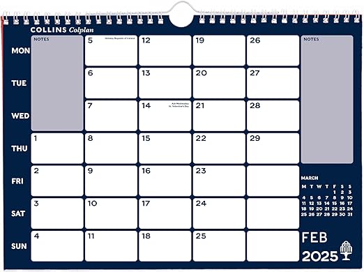 Collins Colplan 2025 - A3 Wiro Monthly Memo Calendar (CMC-25) - Large Wiro Bound Paper Calendar, Red/Blue