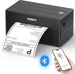 MUNBYN Shipping Label Printer Bluetooth, Postage Thermal Label Printer 4x6 for Business, Compatible with Etsy, Shopify, eBay, Amazon, Royal Mail, DHL, DPD, Evri, with 25 Labels, 130B, Black