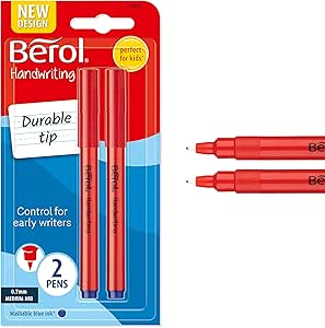 Berol Handwriting Pens | Round Shape is Easy to Hold | Washable Blue Ink | Bright Barrels | 2 Count