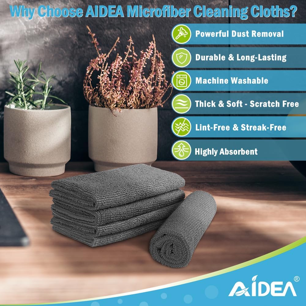 AIDEA Microfibre Cleaning Cloths, Pack of 8, Reusable Lint-Free, 30×30 cm, Grey