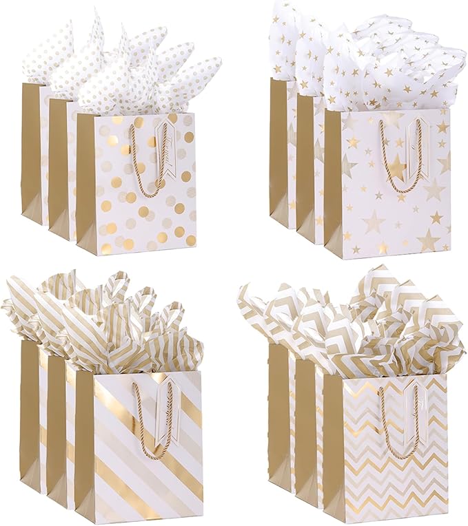 Gift Bags Medium Size with Tissue Paper,12pcs 9" White Gold Wrap Paper Gift Bags with Handles for Shopping Party Wedding Baby Shower Holiday Presents (12)