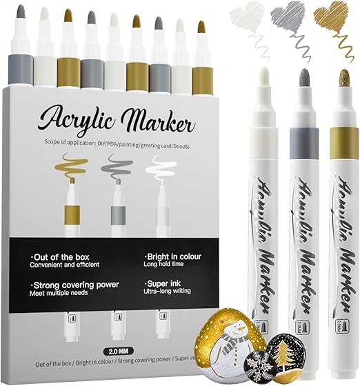 Jnyan Acrylic Paint Pens, 9 Pack 2-3mm Medium Tip Markers, White, Gold, Silver for Art Projects, Drawing, Rock Painting, Wood, Plastic, Metal, Canvas, DIY Crafts