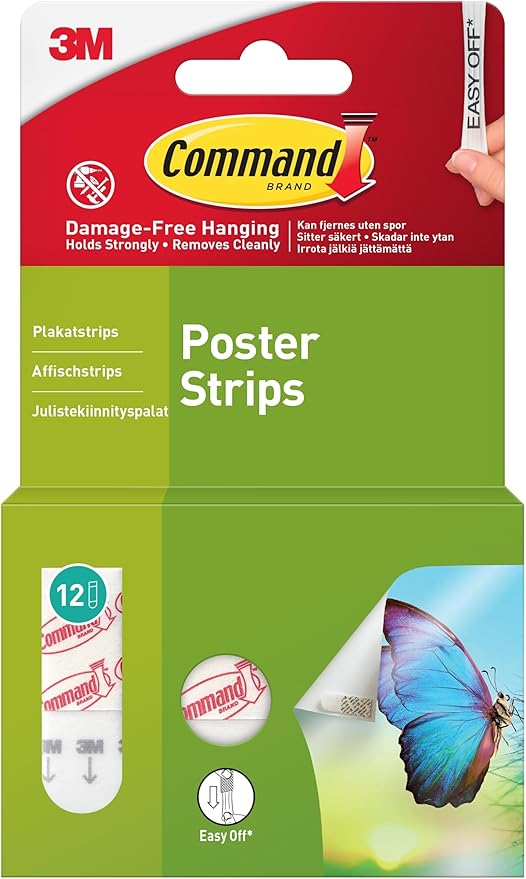 Command Poster Mounting Adhesive Strips, White - 12 Adhesive Strips - Ideal for Hanging Posters, Schedules, Calendars or Pictures without Frames - Damage Free Hanging