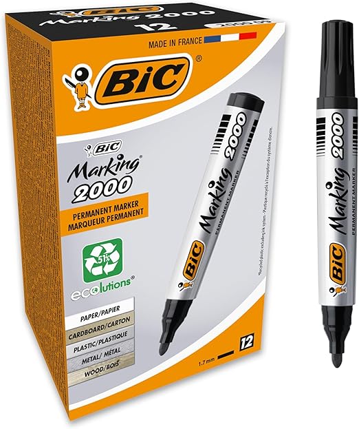 BIC Marking 2000 ECOlutions, Multi-Surface Black Permanent Markers, Ideal for School, Bullet Tip and Quick Drying Ink, Pack of 12