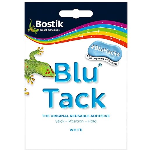 Bostik BLU TACK | WHITE | Original REUSABLE Sticky Adhesive HOME SCHOOL OFFICE Walls BLU HACKS NO MARKS Safe Craft ART Clean Handy (1 x PACK (SAMPLE) WHITE - BLU TACK)