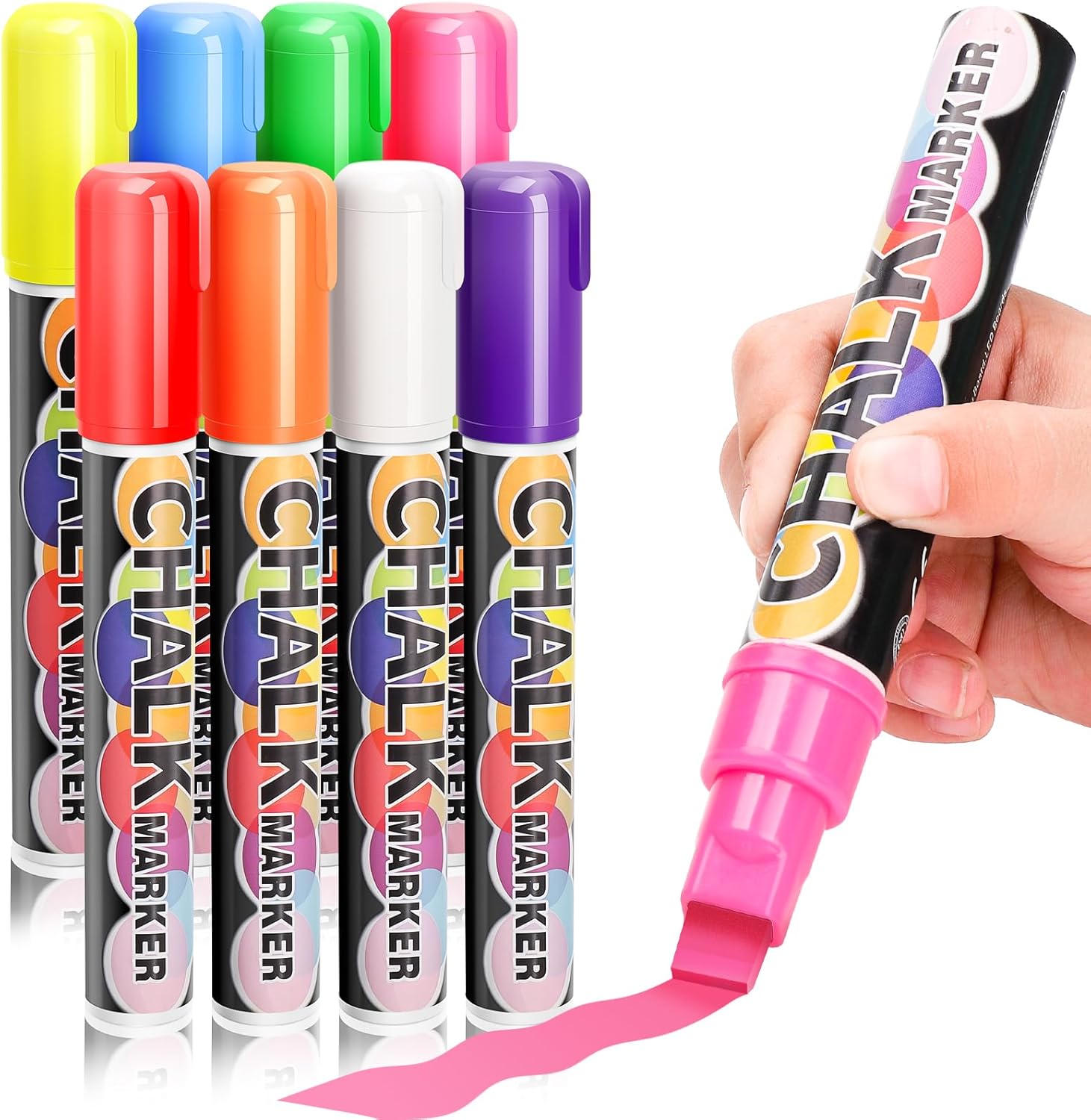 Liquid Chalk Pens for Blackboard - 8 Colors Wipeable Chalk Markers with 10mm Jumbo Thick Tips, Chalkboard Markers for Car Window Drawing, Glass, Menu Boards
