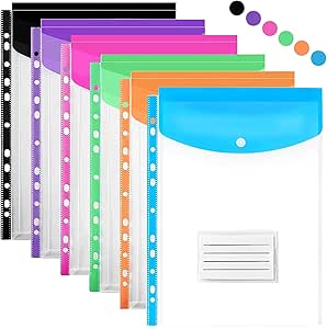 Punched Pockets A4 Plastic Wallets, 11 Holes Expandable Large Capacity Binder Pocket with Snap Button and Label Pocket, Plastic Envelope File Folders for School Home Office (Vertical-6 Packs)