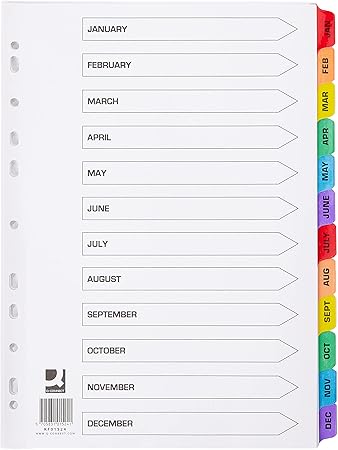 Q-Connect Multi-Punched January-December Reinforced Multi-Colour A4 Index Pre-Printed Tabs KF01524
