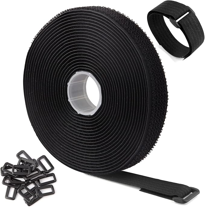 5m Adjustable Cable Straps with 25 Buckles, Free Cut Length, Black Reusable Fastening Cable Ties, Hook and Loop Securing Strap for Cable Tidy, Wire Management, Cord Organiser, 2cm Wide