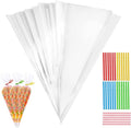 100 Pcs Christmas Sweet Cones Bags, kids Party Bags with 100pcs Ties Wedding Goody Cellophane Treat Birthday Stocking Fillers Kids Party Gift Bags Cookie Bags for Chocolate Candy Popcor(5.12*9.84Inch)