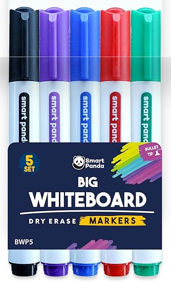 5 Big Whiteboard Pens by SmartPanda – Bullet Tip Whiteboard Markers – Dry Erase Markers, Perfect for Home, School or Office - 5 Set Assorted Colours