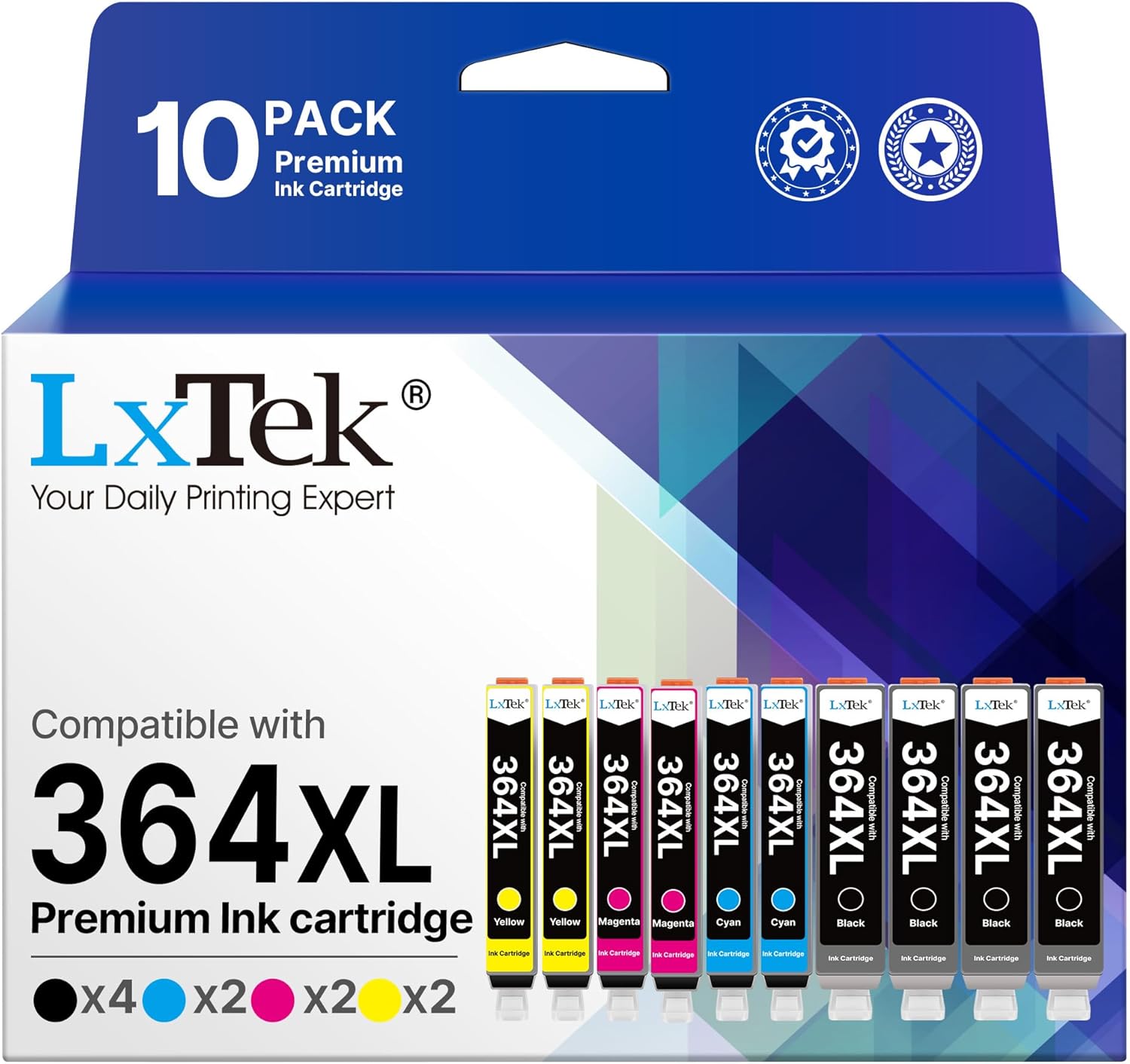 LxTek 364XL Ink Cartridges Compatible for HP 364 for HP Photosmart Officejet 5510 5520 5522 5524 6510 6520 B8550 C5388 7510 7520 4610 4620 Deskjet 3070A (4 Black 2 Cyan 2 Magenta 2 Yellow,10-pack)