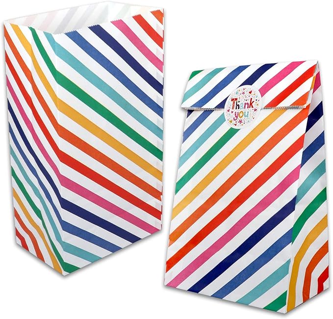 AUERVO 20PCS Paper Party Bags, Rainbow Stripe Kraft Paper Candy Bags, Grocery Goodie Gift Treat Bags With Thank You Stickers for Birthday Wedding Valentines' Day Sweets Gifts Favour 5" X 9"