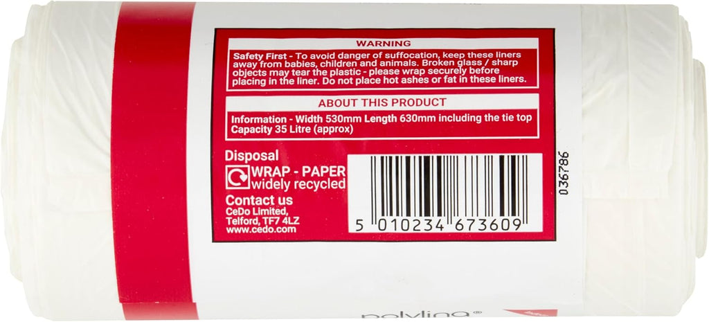 Pedal Bin Liners, 35L, 40-Pack Tie-Top White Bin Bags, Recycled Plastic