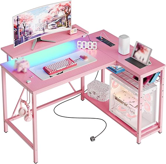 Bestier L Shaped Desk with Power Outlets & LED Lights Compact Corner Desk with Shelves Reversible Computer Desk with Hooks for Home Office Bedroom Small Space 106.5CM