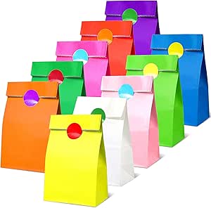 50 PCS Paper Party Bags for Kids, TOOELMON Multi-Color Kraft Paper Gift Bags Candy Goodie Treat Bags with 60 PCS Stickers for Halloween, Christmas, Birthday, Wedding Parties (130 * 80 * 240mm)