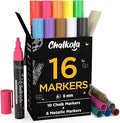 Liquid Chalk Pens & Metallic Colors - Pack of 16 Chalk Markers - for Chalkboard, Blackboards, Window, Glass, Bistro | 6mm Reversible Bullet & Chisel Tip Erasable Ink
