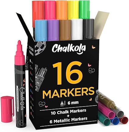 Liquid Chalk Pens & Metallic Colors - Pack of 16 Chalk Markers - for Chalkboard, Blackboards, Window, Glass, Bistro | 6mm Reversible Bullet & Chisel Tip Erasable Ink
