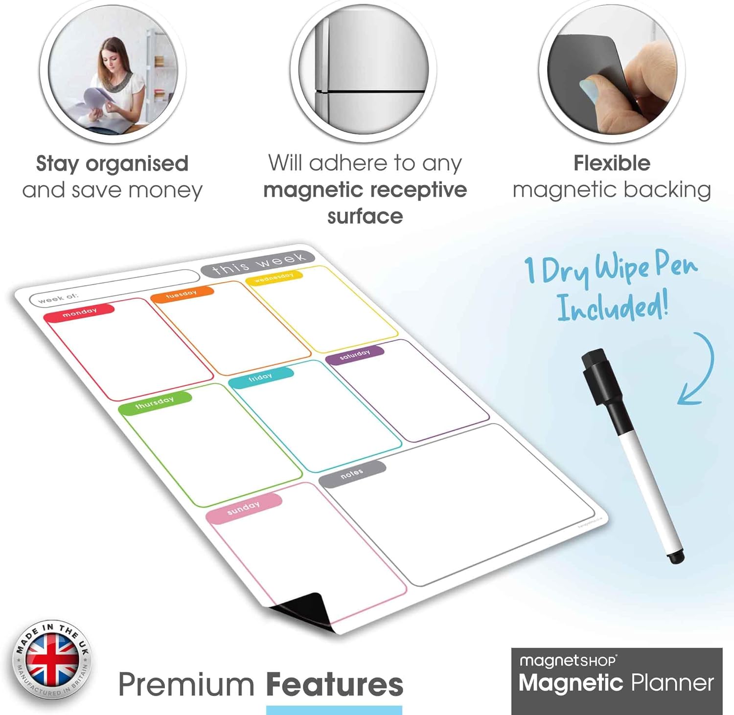 TMS A4 Magnetic Weekly Planner, Dry Wipe Fridge Calendar Whiteboard for Organising Daily Tasks, Meal Planning or Business Plans in Offices - with Dry Erase Marker Pen