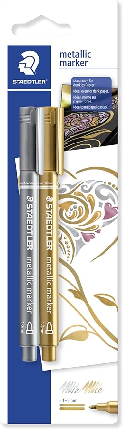 STAEDTLER 8323-S BK2 Metallic Marker Pens - Gold/Silver (Pack of 2)