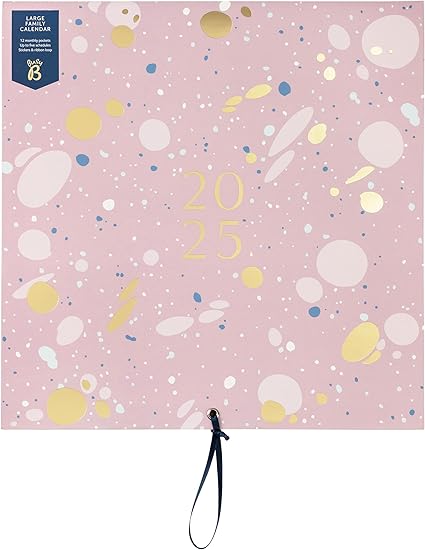 Busy B Large Family Wall Calendar 2025 – Pink Spray Design with 5 Columns & Storage Pockets - Monthly 2025 Calendar for Busy Families with Colour-Coded Stickers - 30.5 x 30.5cm