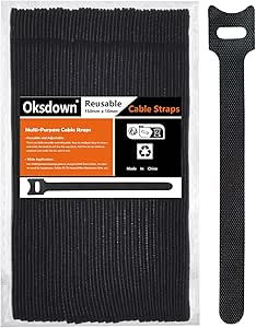 Cable Tie Reusable Black 50 Pack Straps Adjustable Releasable Extension Hook and Loop Tidy Wraps for Headphones HDMI Ethernet Printers Laptops USB Data Cables