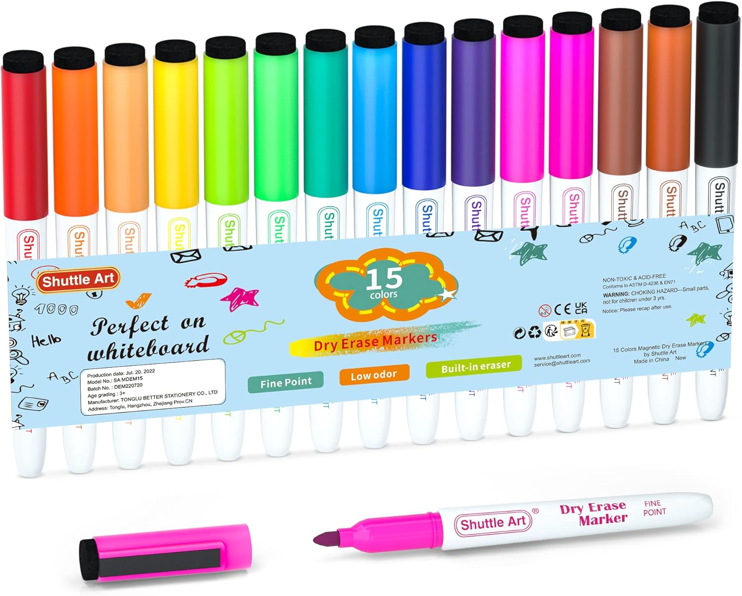 Shuttle Art Whiteboard Pens, 15 Colours Magnetic Whiteboard Makers Fine Tip and Eraser,Dry Wipe White Board Pens for Writing, Dry Erase Markers for Whiteboards, Planners, Glass, School Office Home