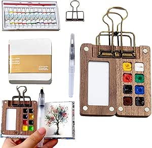 Portable Palette, Mini Travel Paint Set with 8 Grids Mini Wood Palette Box, Pocket Artist Watercolour Palette, Sketchbook Palette Pocket Travel Paint Tray Box with Metal Clip, Watercolor Pen