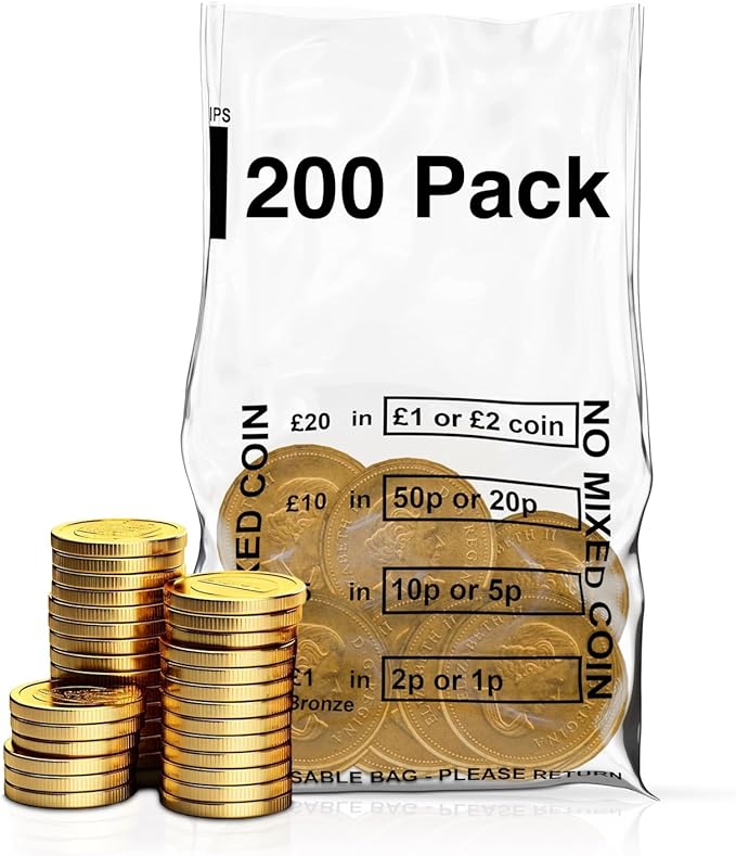 Pack of 200 - Clear Plastic Money Bank Bags | No Mixed Coins Banking Bags for Change Handling Shop Business Home Office Brand: Swoosh Media