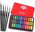 Major Brushes White Sable Round Brush Set of 5 Plus Artist Watercolour Paint Tin 36 Blocks Red Metal Lid