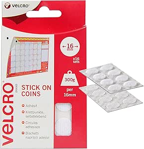 VELCRO Brand Stick On Coins Double Sided Hook & Loop Self Adhesive Sticky Coins Perfect for Room Décor & Home, Office, Garage Use White 16mm x 16mm Set of 16