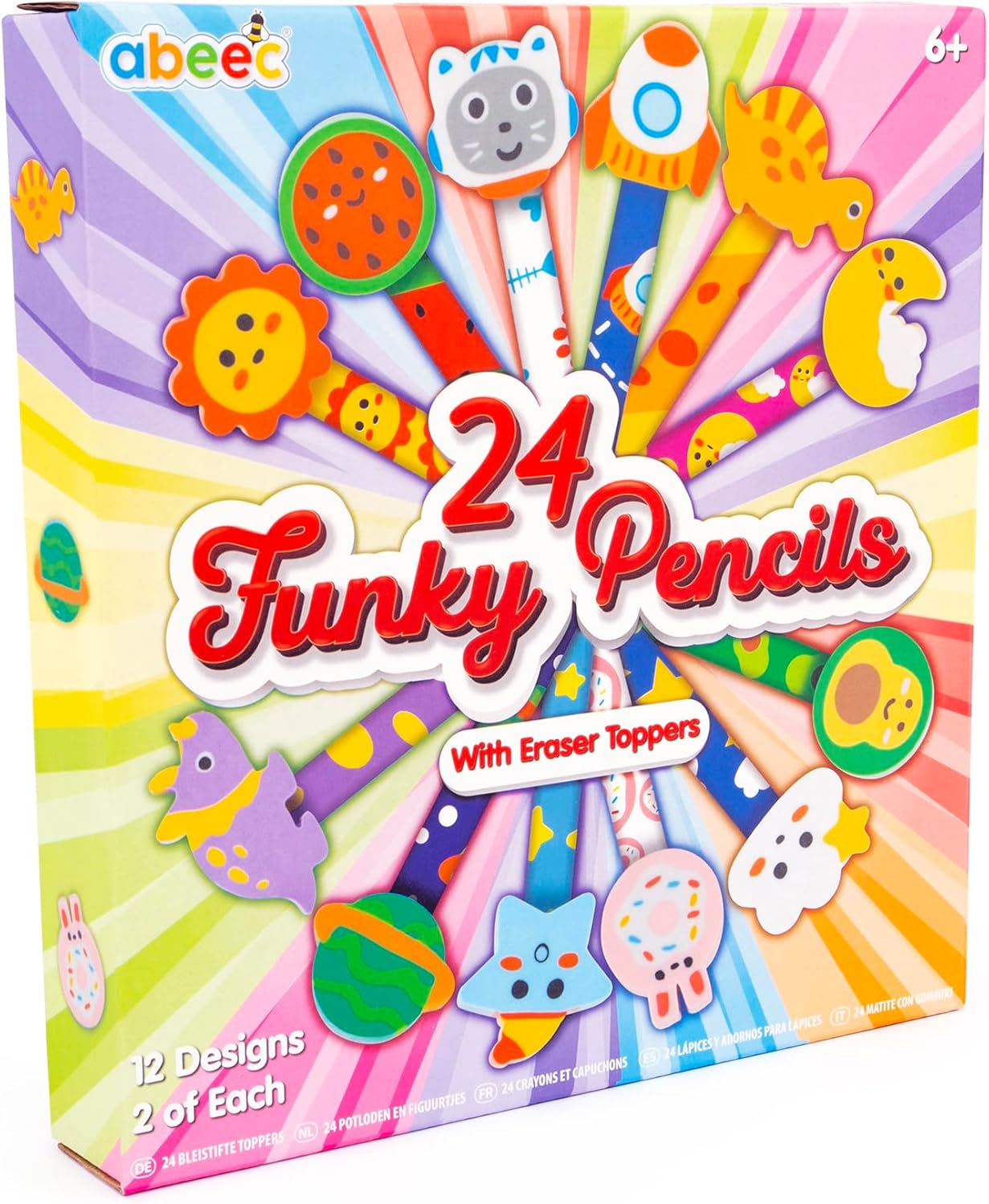 abeec 24 Funky Pencils with Erasers – Ideal for Kids' Party Bag Fillers, Stocking Fillers, Class Gifts, and Party Favors – Fun Stationery Set for Children