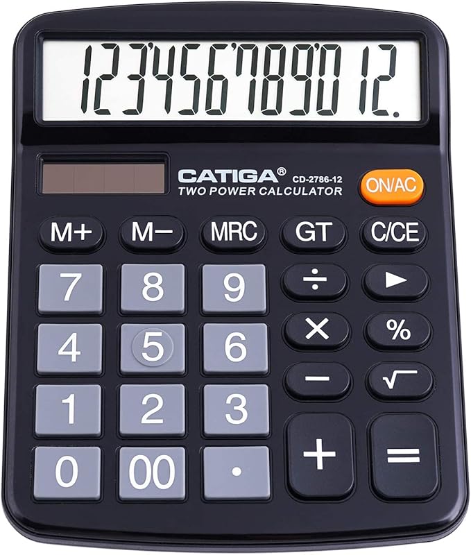 CATIGA 12 Digit Desktop Calculator with Large LCD Display and Sensitive Button, Dual Solar Power and Battery, Standard Function for Office, Home, School, CD-2786
